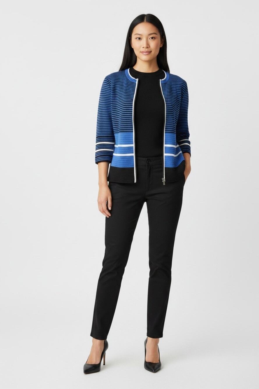 Ming Wang striped knit jacket zip-front closure and 3/4-length XL blue black